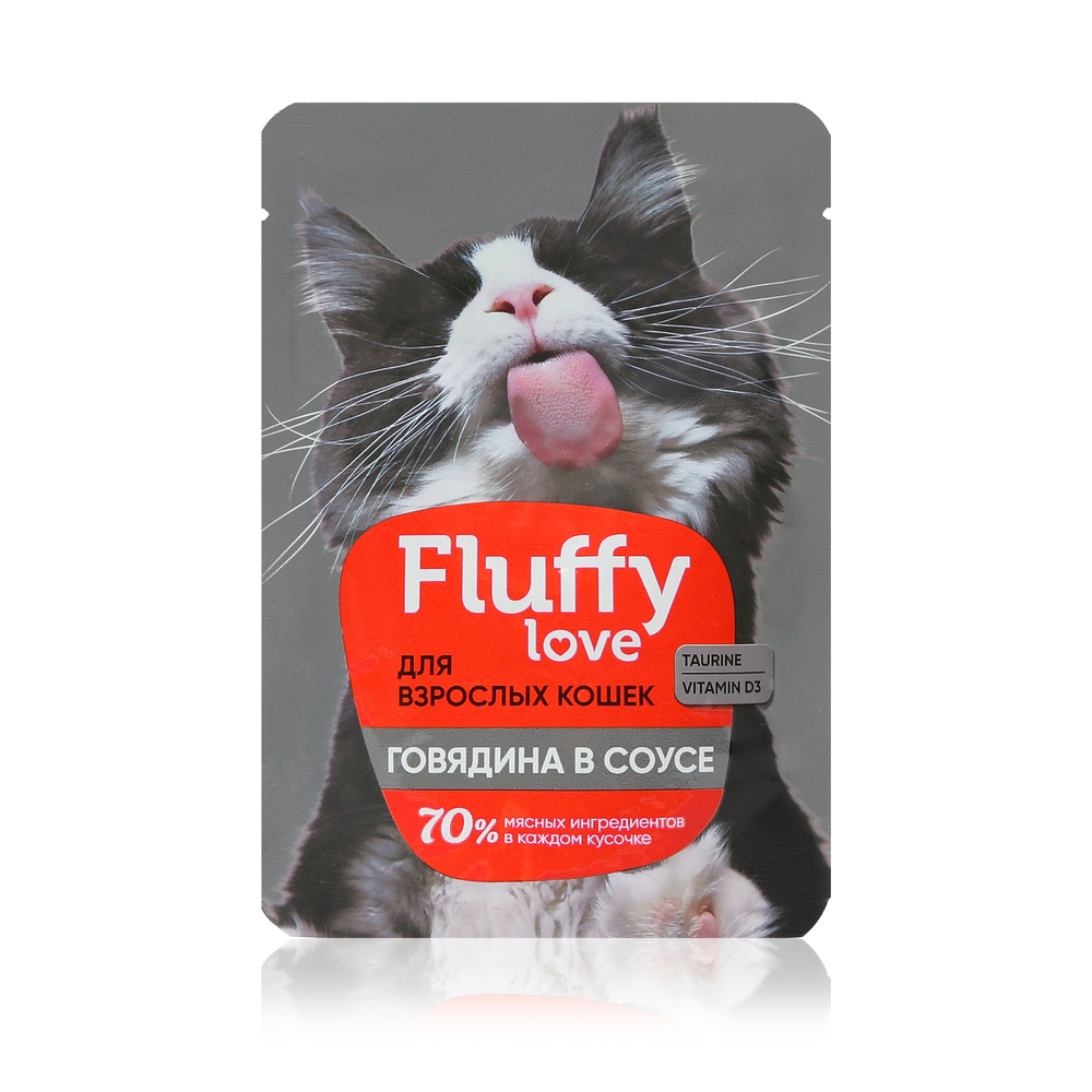 Влажный корм для кошек Fluffy Love Кусочки с говядиной в соусе, 85 г